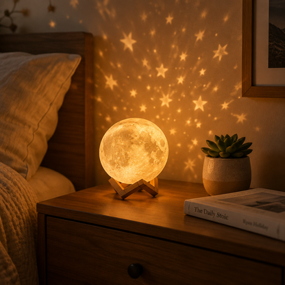 Starry Moon Lamp glowing on a cosy bedroom nightstand with warm ambient lighting
